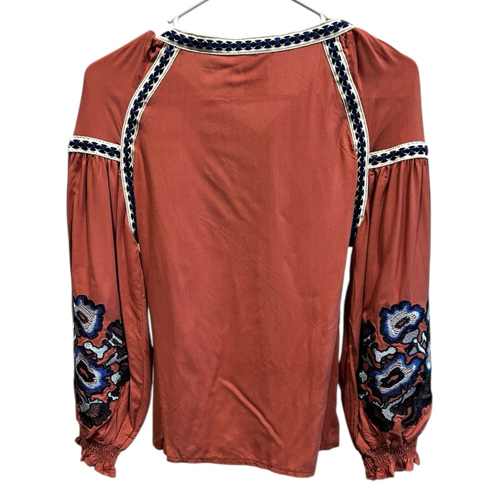 Mocha Apparel Rust Embroidered Boho Peasant Blouse Balloon Sleeve S NWT - Picture 3 of 6